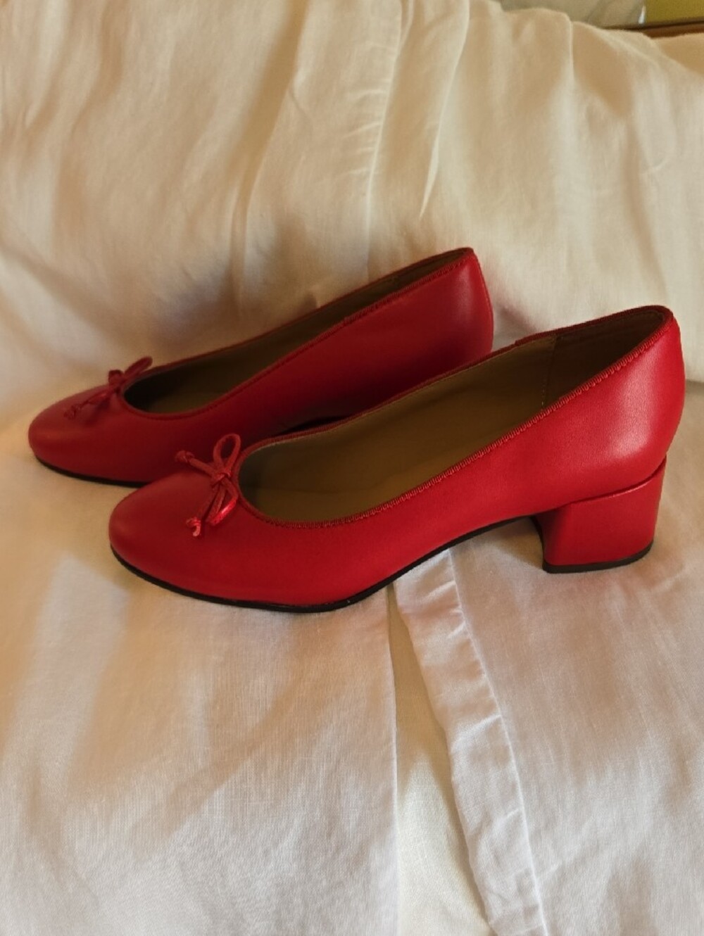 Cherry Red Women’s Ballet Style Low-Heeled Leather Pump with Bow Accent